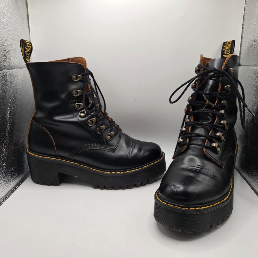 Dr. Martens Leona Black Leather Heeled Platform Boots US 6.5 EU 37 AW004